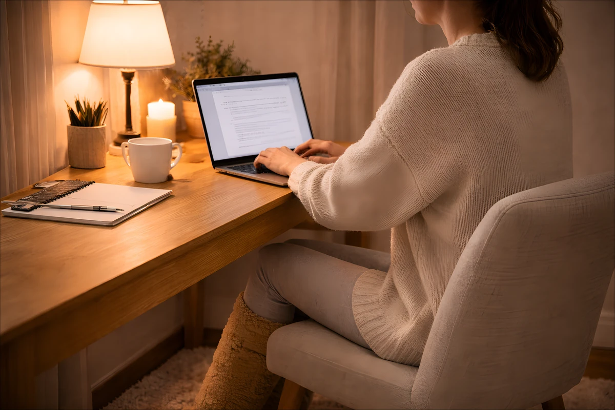 Woman working at a home desk in over-the-knee fleece leg warmers