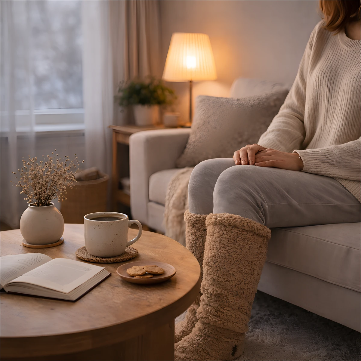 Woman relaxing on a sofa in over-the-knee fleece leg warmers, staying warm at home without the heating on