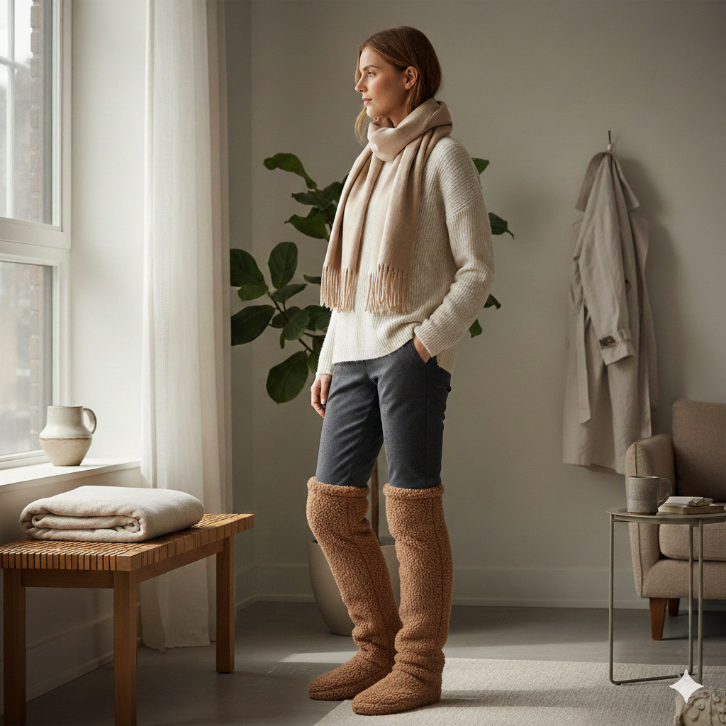 Full-length at-home outfit with over-the-knee fleece leg warmers styled over leggings and a cream jumper