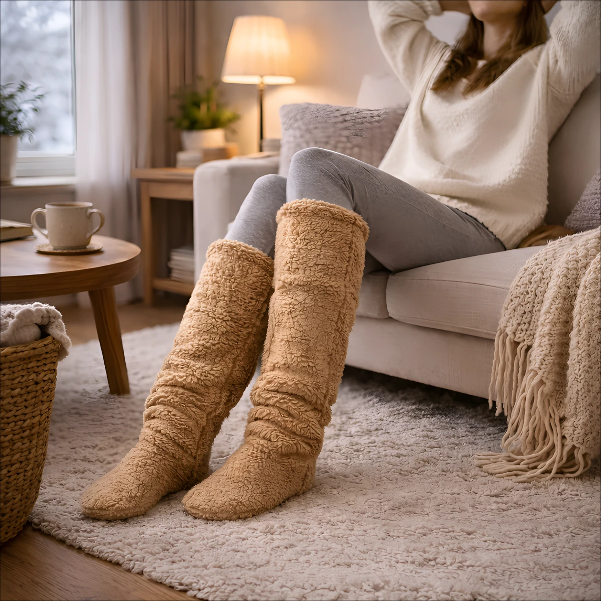 Woman staying warm at home in fleece leg warmers and cosy layers instead of turning on the heating