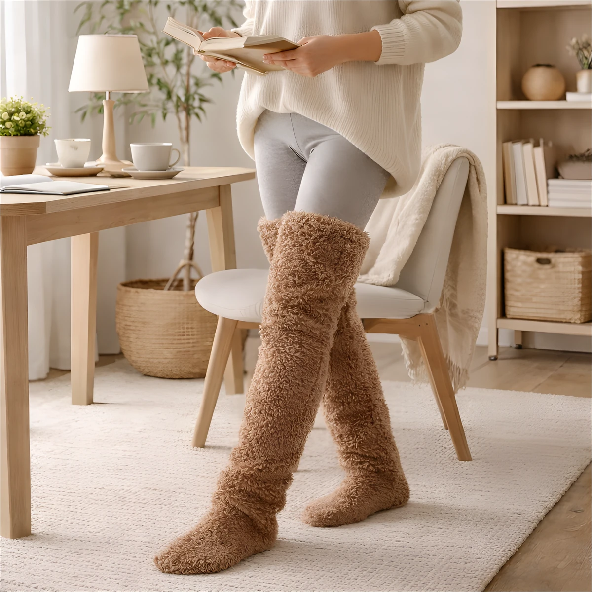 Woman styling over-the-knee leg warmers with leggings and a jumper for a put-together indoor look