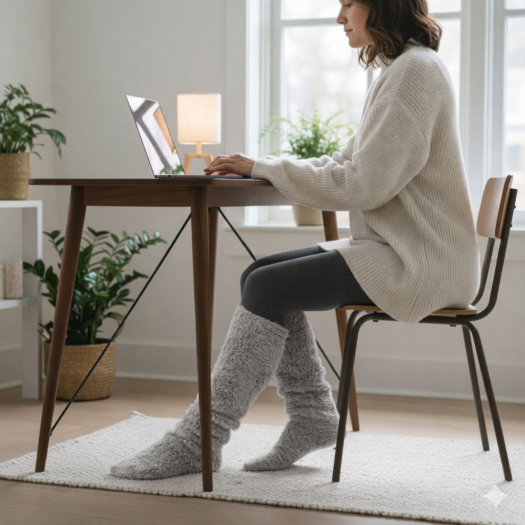 Woman working at a home desk in fleece leg warmers to keep her legs warm without turning up the heating