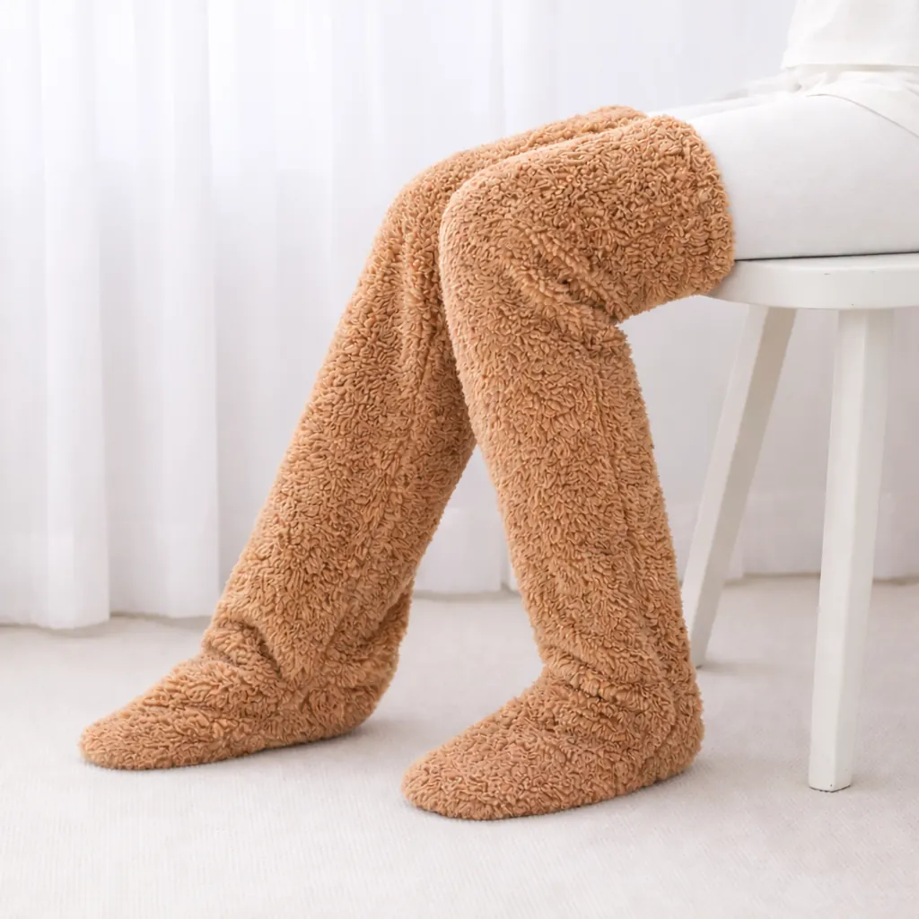 Camel deep-pile teddy-fleece over-the-knee leg warmers, the soft layer that covers the shin