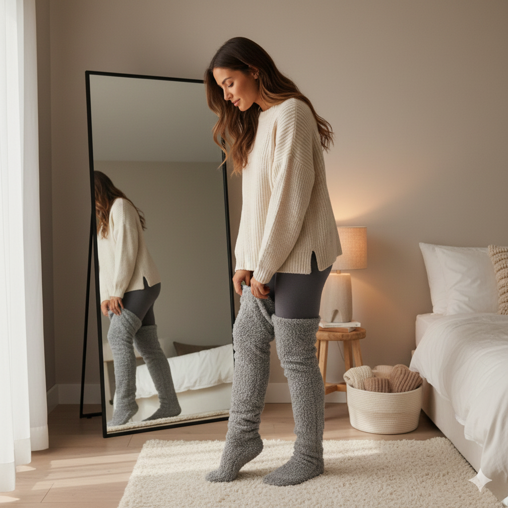 Pulling an over-the-knee sherpa leg warmer up the shin while getting ready at home