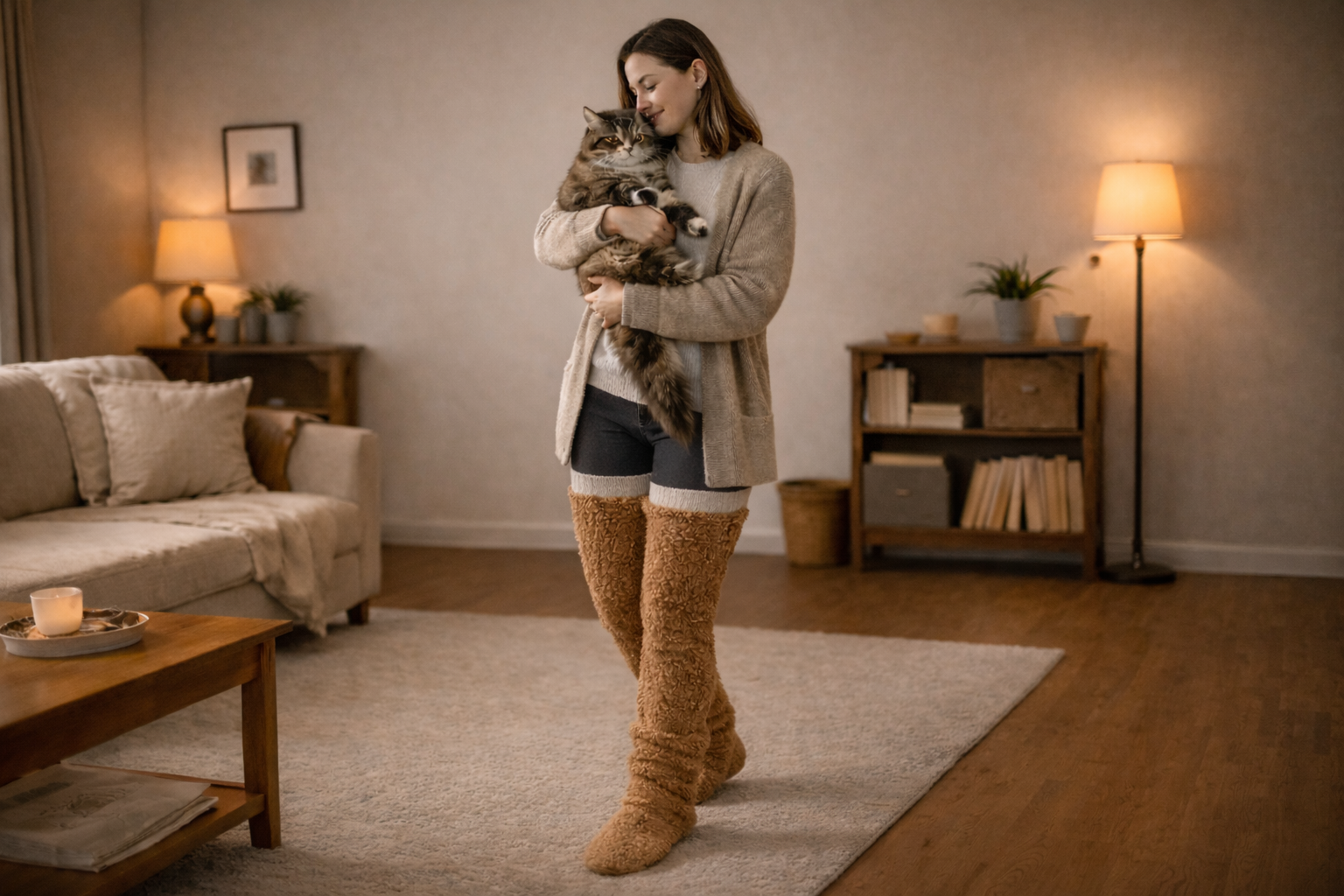 Woman at home on a cosy evening in camel over-the-knee fleece leg warmers, warm from the knee down while holding her cat