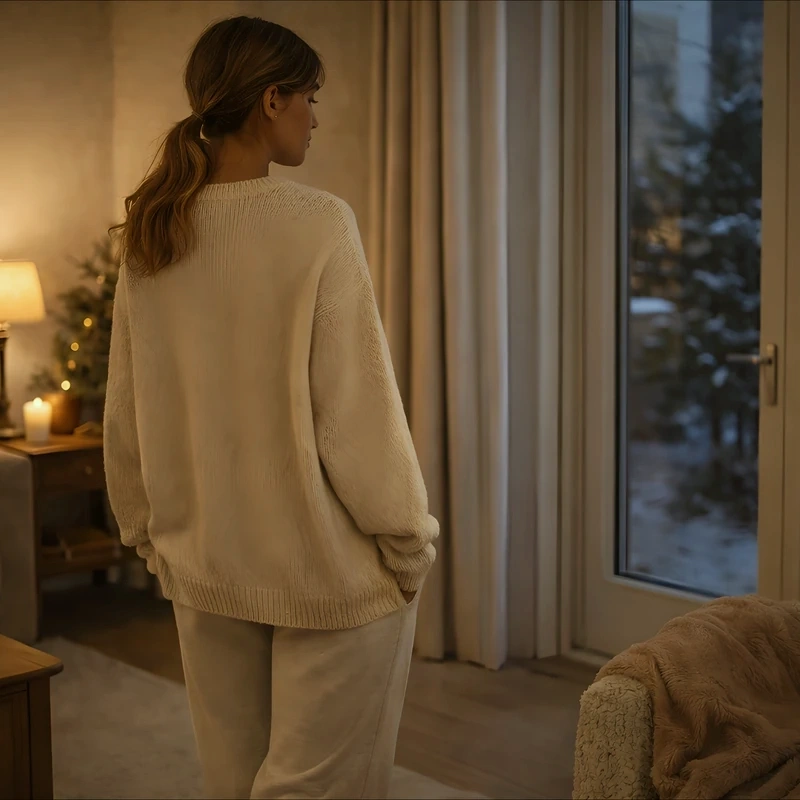 Woman in a cream jumper standing at glazed doors at dusk, snow outside, warm lamplight and throws indoors