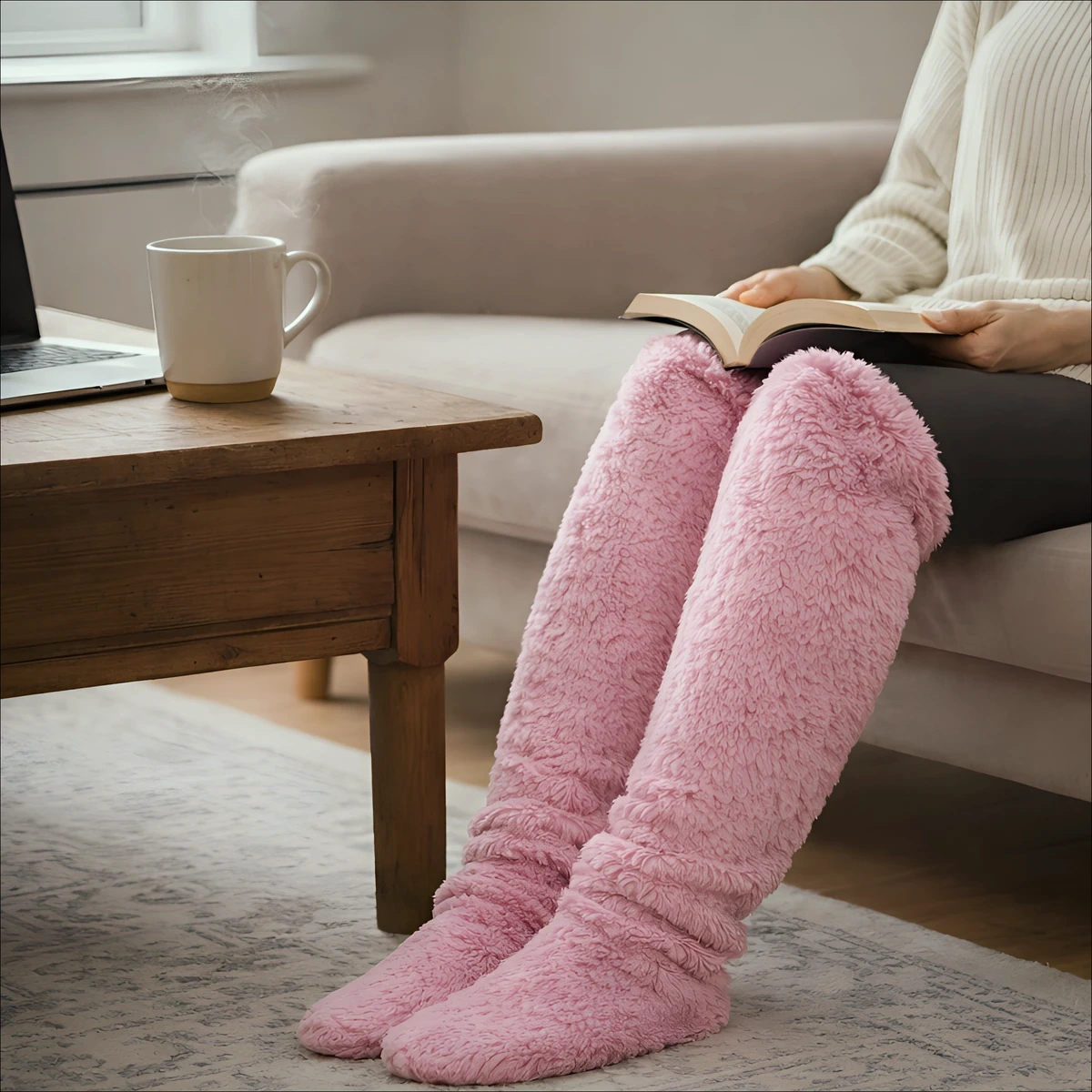 Woman reading on a sofa with her legs out in blush pink plush over-the-knee leg warmers, a mug and laptop on the table