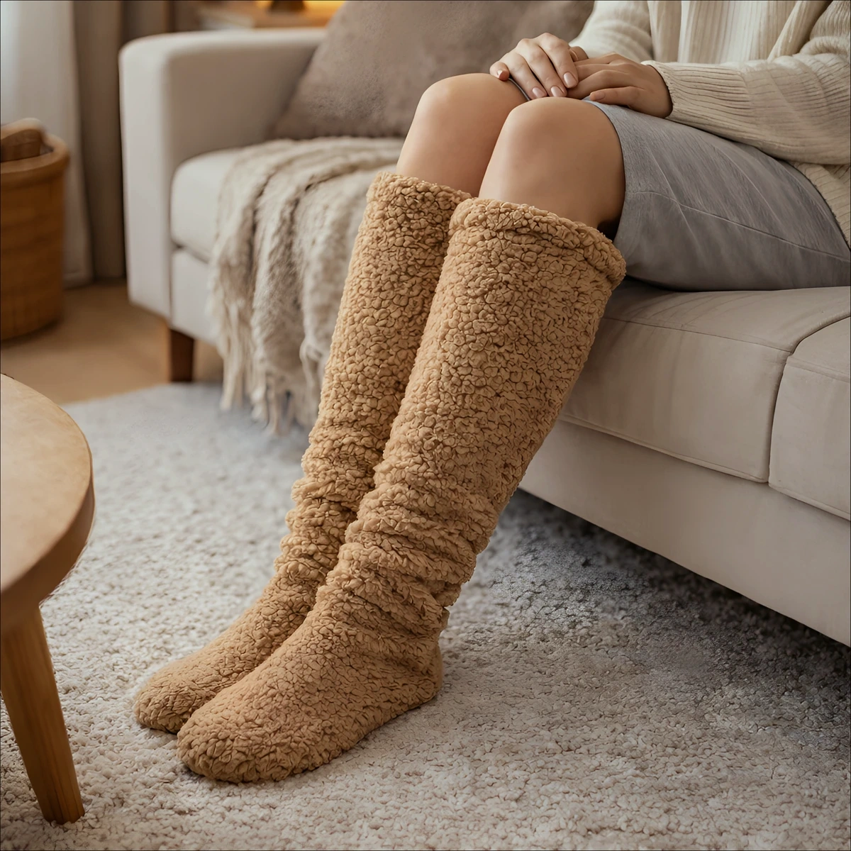 Fleece over-the-knee leg warmers covering the calves, targeting warmth where the body loses heat