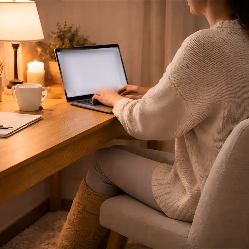 Woman working at a home desk in over-the-knee fleece leg warmers