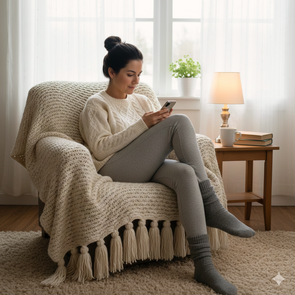 Woman sitting in a cream knitted armchair with a phone, wearing a jumper, leggings and grey knitted knee-highs