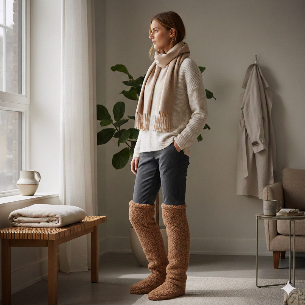 Full-length at-home outfit with over-the-knee fleece leg warmers styled over leggings and a cream jumper