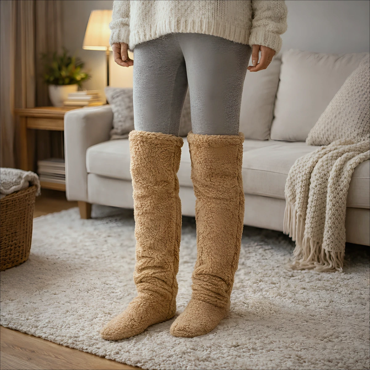 Camel fleece over-the-knee leg warmers worn over grey leggings, standing on a rug in a warm living room