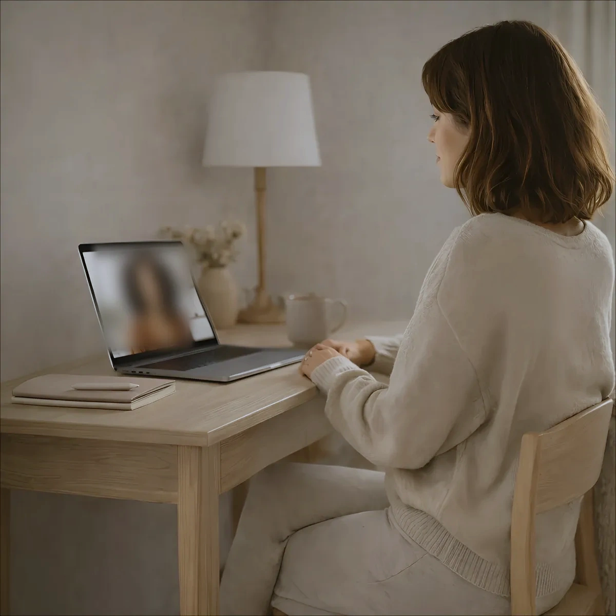Woman sitting at a wooden desk on a video call in a cream jumper, with a laptop, lamp and mug beside her