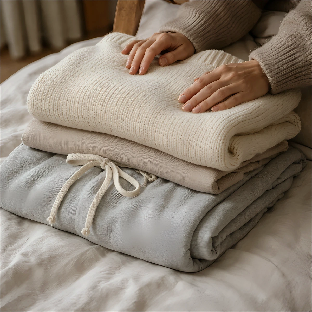 Hands stacking folded soft knitwear on a bed, the pile you build after a wash