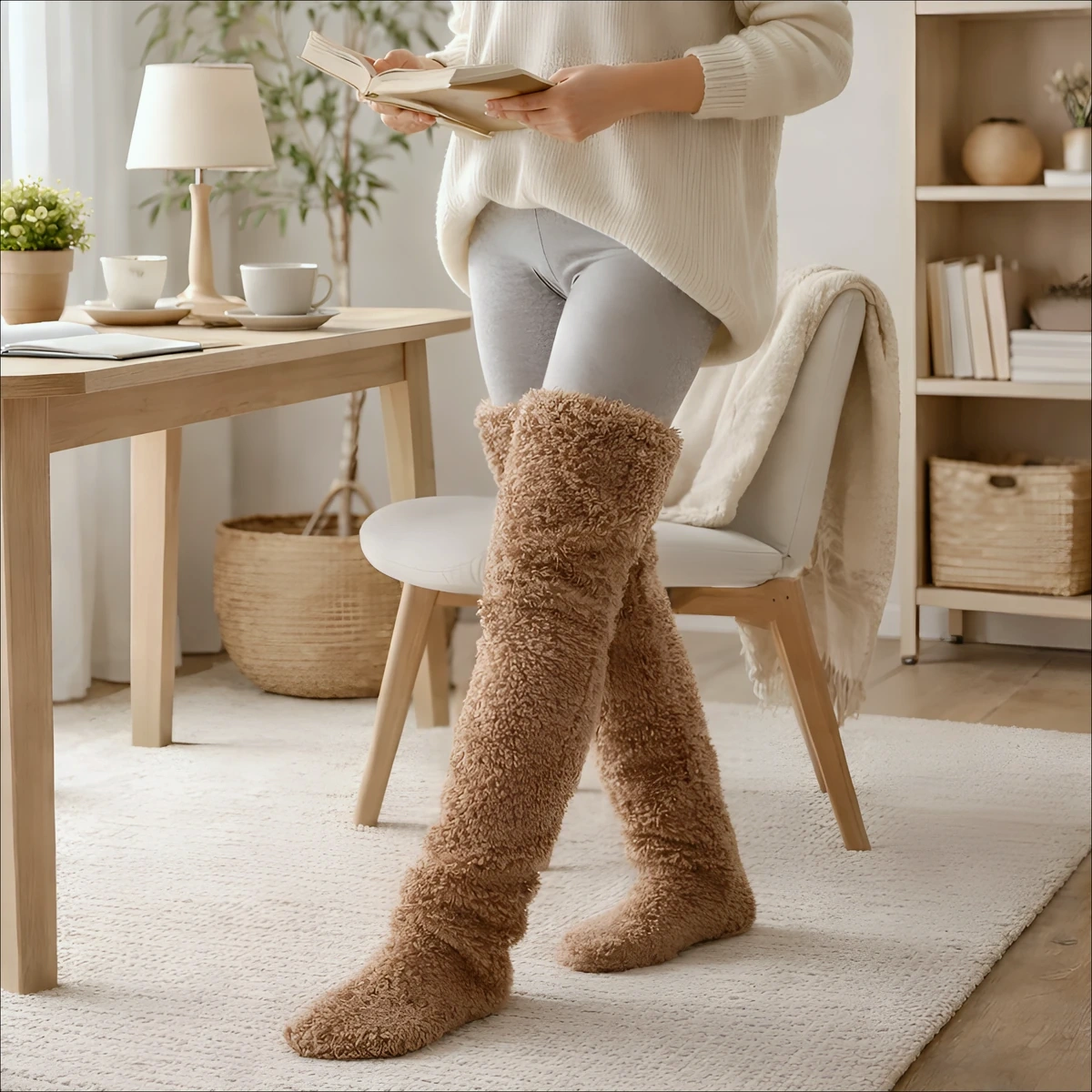 Woman styling over-the-knee leg warmers with leggings and a jumper for a put-together indoor look