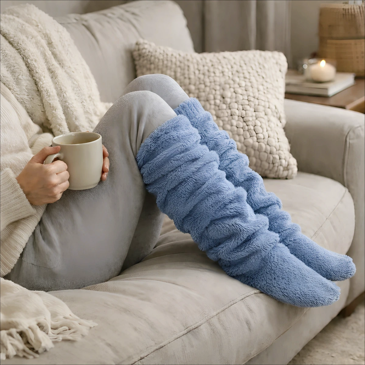 Woman reclining on a pale sofa with a mug, wearing grey leggings and sky blue plush over-the-knee leg warmers
