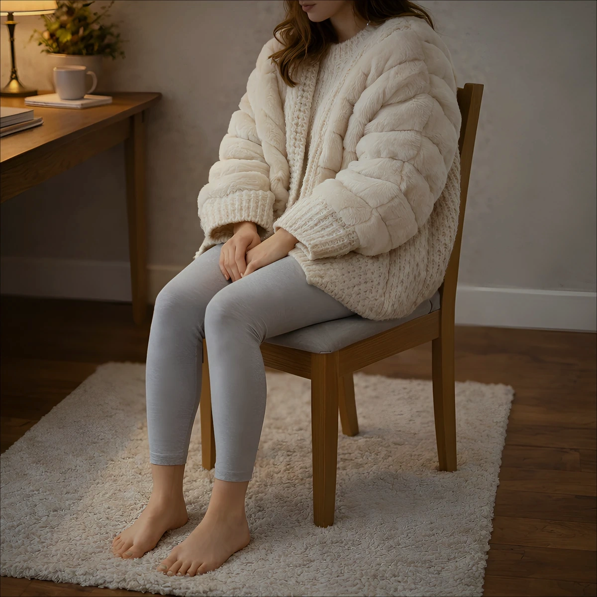 Woman sitting at a desk in a bulky cream jumper and grey leggings, barefoot on a rug