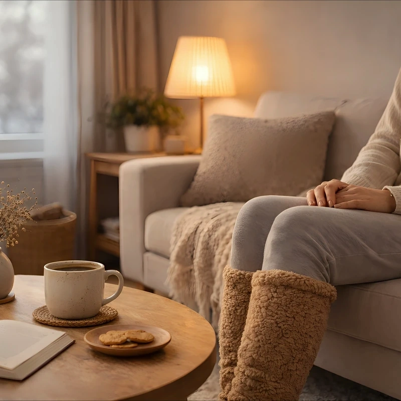 Woman sitting still on a sofa in a jumper and over-the-knee fleece leg warmers on a cold evening