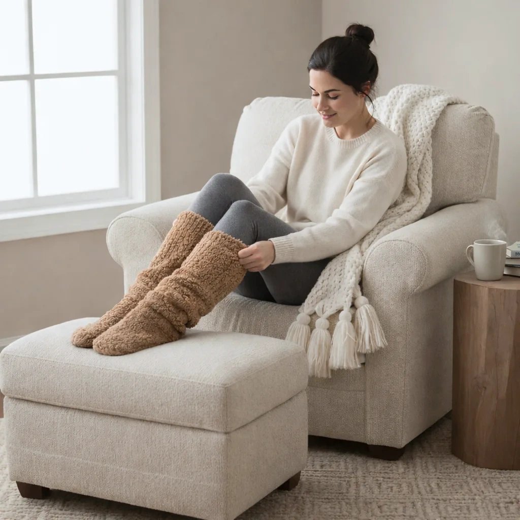 Woman resting in an armchair with her feet up on a footstool, wearing camel over-the-knee fleece leg warmers that cover her feet, with a mug and a knitted throw beside her
