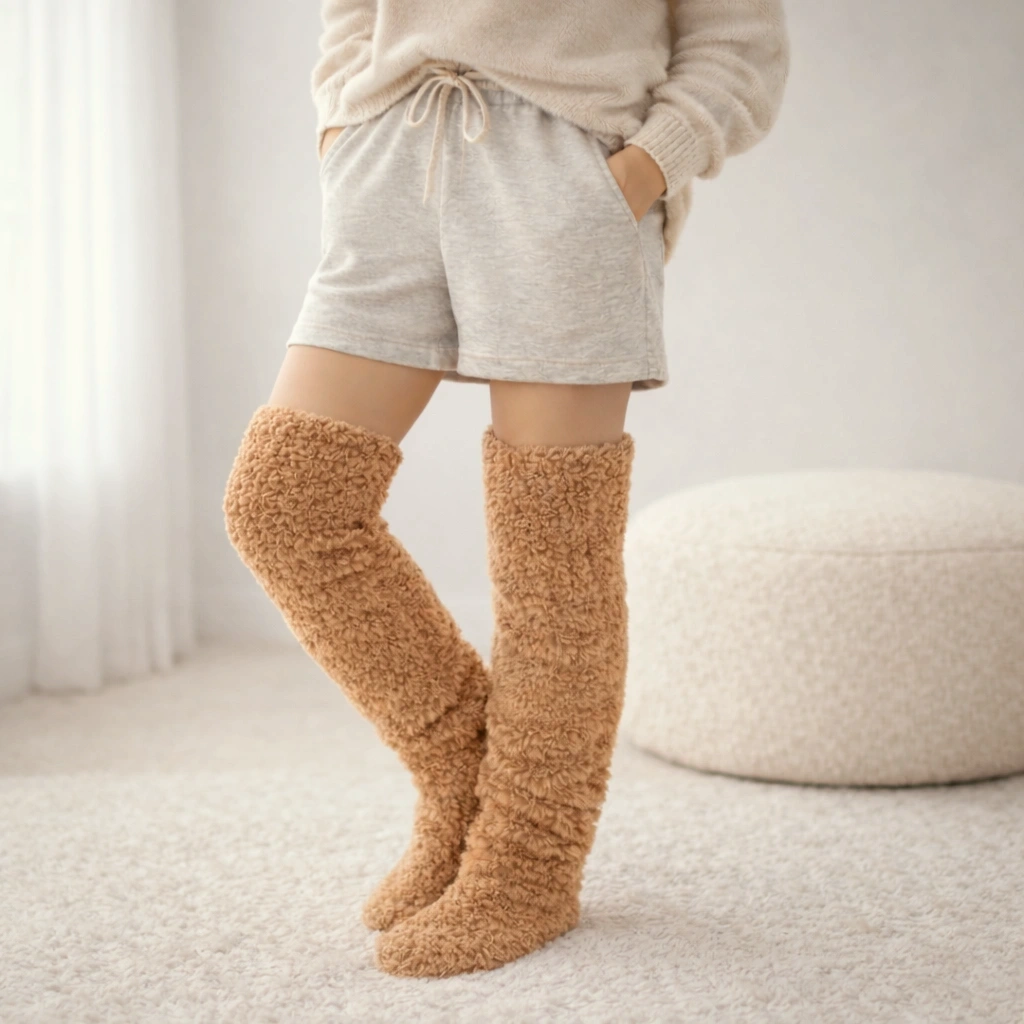 Fleece lined leg warmers worn standing up, reaching over the knee with shorts and a jumper