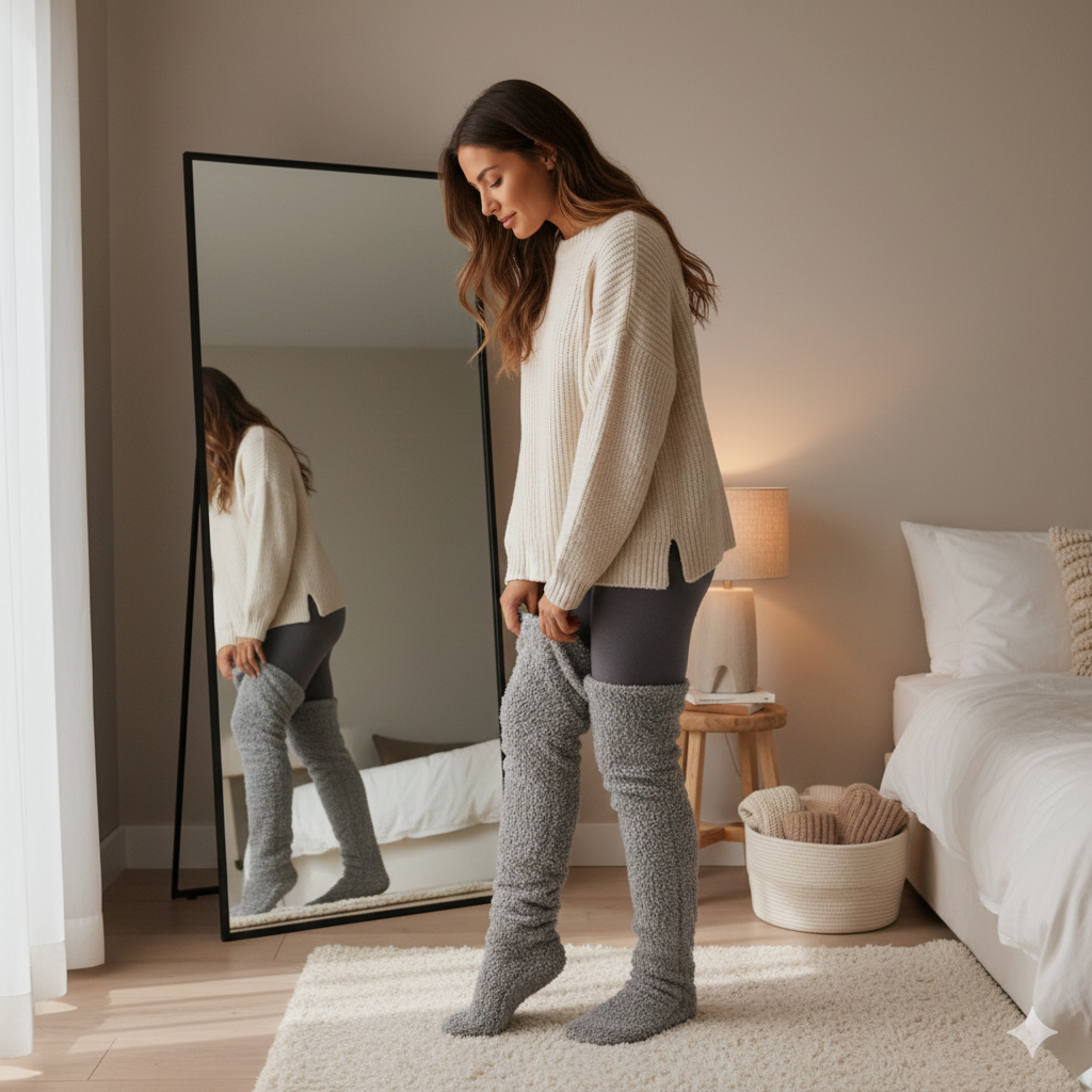 Pulling an over-the-knee sherpa leg warmer up the shin while getting ready at home