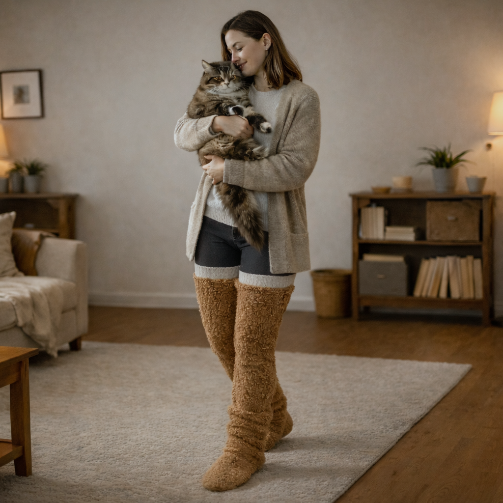 Woman at home on a cosy evening in camel over-the-knee fleece leg warmers, warm from the knee down while holding her cat